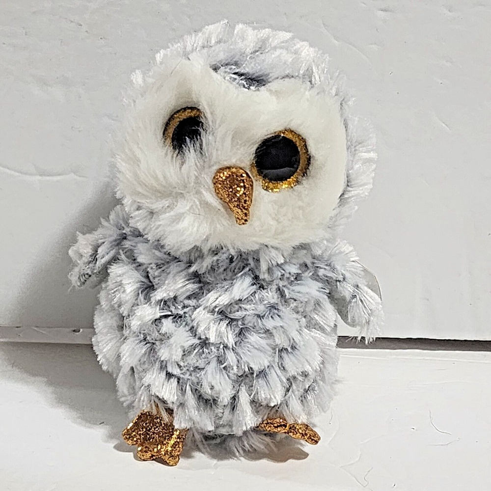 Ty Beanie Boos OWLETTE Gray Owl Bird Gold Glitter Eyes 2018 New 6 inch Plush